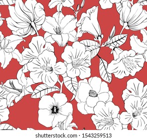 Black and white flowers on a red background. Pattern vector seamless for textiles.