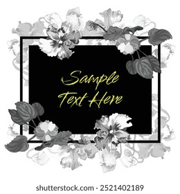 Black and white flowers are put around a square frame on a white background. Frame made from the African violet flower parts. Floral composition for mourning events.