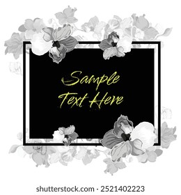 Black and white flowers are put around a square frame on a white background. Frame made from the African violet flower parts. Floral composition for mourning events.