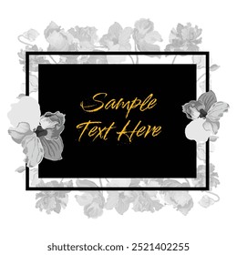 Black and white flowers are put around a square frame on a white background. Frame made from the African violet flower parts. Floral composition for mourning events.