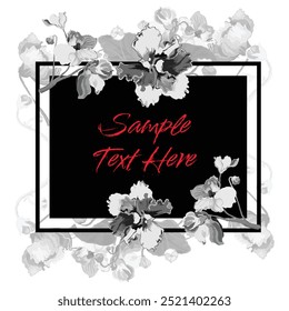 Black and white flowers are put around a square frame on a white background. Frame made from the African violet flower parts. Floral composition for mourning events.