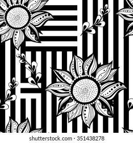 Black white flowers seamless background. Modern style. Vector illustration. Seamless pattern for coloring book, wallpaper, packaging, textile. Floral seamless background.