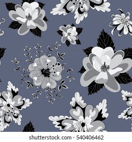 Black and white flowers seamless pattern. Vector illustration on grey background