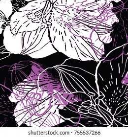 Black and white flowers seamless pattern