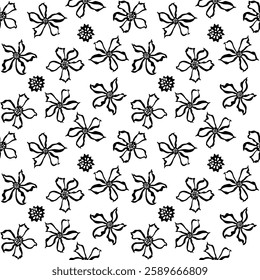 Flores pretas e brancas, padrões sem costura com floral para tecido, têxteis, roupas, papel de embrulho, pano de fundo, banner, ilustração, fundos abstratos.
