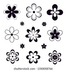 Black and white flowers silhouettes. Vector backgrounds, icon, prints, textile decoration tattoo