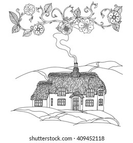 black and white flowers and Victorian house. for adult coloring book, zen art style. Hand-drawn, retro, doodle, vector, uncolored. The best for textiles, cards, coloring book in vector.