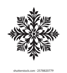 A black and white flowery snowflake with a white background