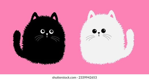 Black white fluffy cat set. Face head body, plush tail. Fat kitten. Happy Valentines day. Cute cartoon character. Kawaii baby pet animal. Greeting card. Flat design Pink background Vector illustration