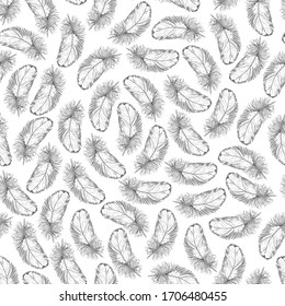 Black and white fluffy feathers seamless pattern. Separate randomly arranged parts on a white background.