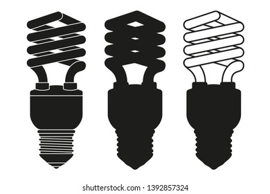 Black and white fluorescent on and off light bulb set. Electricity themed vector illustration for icon, stamp, label, certificate, brochure, gift card, poster, coupon or banner background decoration