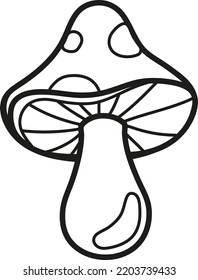 Black and white fly agaric mushroom vector illustration coloring page. Line and cartoon vector illustration for kids coloring page and book. Mushroom isolated on white background. 