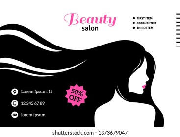 Black and White Flyer Template, Fashion Woman with Long Hair. Vector Illustration. Girl Silhouette with Pink accents