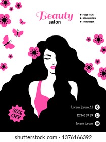Black and White Flyer Template, Fashion Woman with Long Hair. Vector Illustration. Girl Silhouette with Pink accents