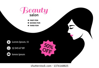 Black and White Flyer Template, Fashion Woman with Long Hair. Vector Illustration. Girl Silhouette with Pink accents