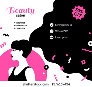 Black and White Flyer Template, Fashion Woman with Long Hair. Vector Illustration. Girl Silhouette with Pink accents