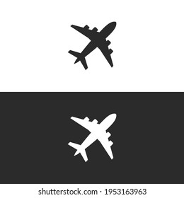 Black and white flying airplane logo or icon vector illustration.