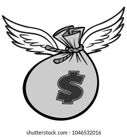 Black And White Flying Bag of Money - A vector cartoon illustration of a Flying Bag of Money concept.