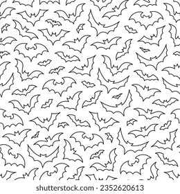 Black and white flying bats outline seamless pattern on transparent background