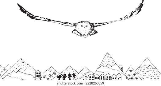 Black and white flying owl over the mountings tattoo style design element