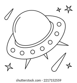 Black And White Flying Saucer Spacecraft. Science Exploration Themed Vector Illustration For Icon, Emblem, Poster, Site Or Article Decoration