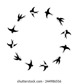 Black and white flying swallows circle frame - design element for your text, photo, advertisement etc.  Birds brush for creation your own frames inside