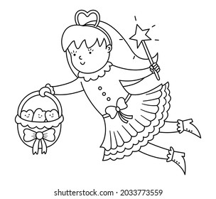 Black and white flying tooth fairy vector icon. Kawaii outline fantasy princess with basket full of smiling teeth. Funny line dental care picture for kids or coloring page. Dentist baby clinic clipart