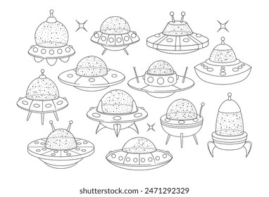 Black And White Flying Ufo Saucers Isolated Outline Vector Icons Set. Cosmic Engines For Science Fiction Themes