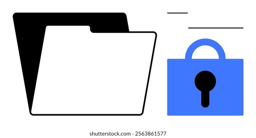 A black and white folder icon paired with a blue lock symbol. Ideal for data security documentation privacy file management and secure information storage. Simple and minimalistic style