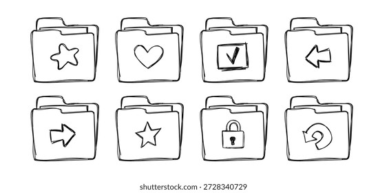 Conjunto de iconos de carpetas en blanco y negro en crayón, estilo de marcador dibujado a mano con documentos y archivos, flechas, corazón, estrellas. Perfecto para la organización de Archivar digitales, diseño de interfaz de computadora e ilustraciones de oficina modernas. colección de Vector