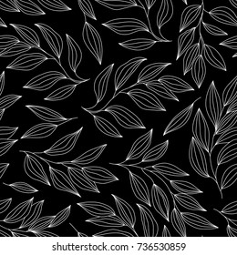 Black and white foliage seamless pattern, white silhouettes of leaves, vector illustration.