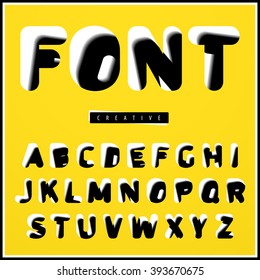 Black and white font with a shifted basis of the right side of its contours. With a slight slope of the vertical of the letters. Vector illustration
