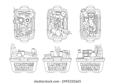 Black And White Food Baskets Filled With Various Groceries. Vector Outline Image Showcases Fruits, Vegetables, Bread