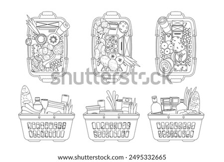 Black And White Food Baskets Filled With Various Groceries. Vector Outline Image Showcases Fruits, Vegetables, Bread