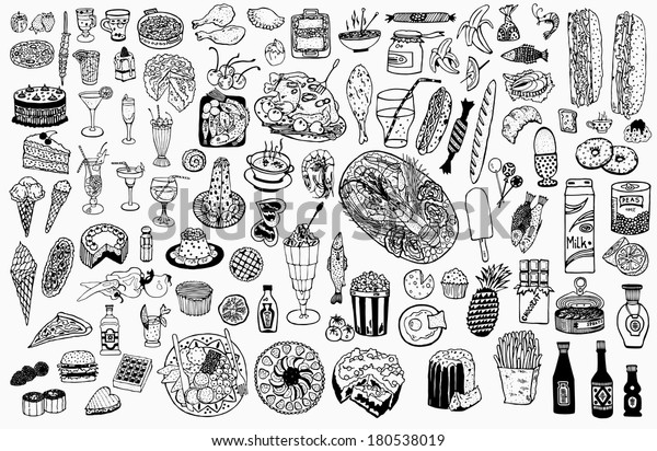 Black White Food Drink Set Hand Stock Vector (Royalty Free) 180538019