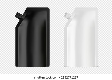 Black and white food foil doy pack mockup, Plastic stand up pouch with cap. Blank template for design. Realistic vector illustration isolated on white background