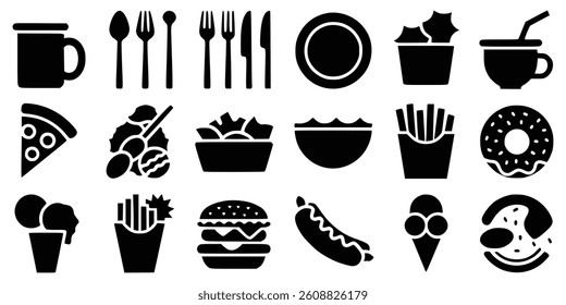 Black And White Food Icons Set Including Fast Food And Meal Items