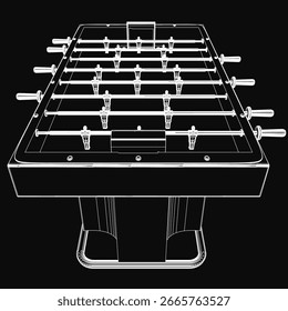 Eine schwarz-weiße Tischzeichnung zeigt ein weißes Oberteil mit Rasterlinien und einem schwarzen Rahmen. Die minimalistische Kontur unterstreicht das saubere Design der Mini-Fußballmaschine.
