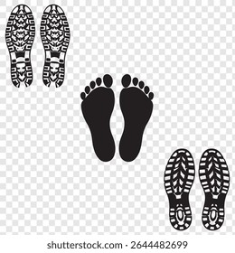 Impressões de pé preto e branco e impressões de sapatos único padrão coleção ilustração vetor isolado no fundo transparente.