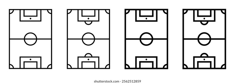 Black and white football field icon illustration. Soccer field in flat style. Isolated outline of a football pitch.