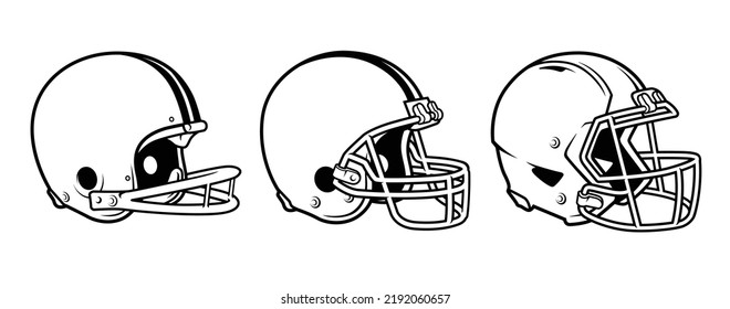 Black and white football helmet line drawing sport set