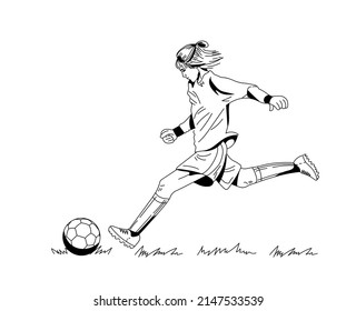 Fútbol blanco y negro, el futbolista va a patear la pelota. Defender o avanzar. Dibujado a mano, dibujo, contorno de tinta negra, estilo de dibujos animados.