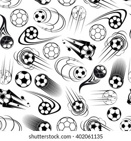 Black and white football or soccer seamless pattern for sports club or competition theme design with speedy flying soccer balls, decorated by cartoon motion trails and flaming elements