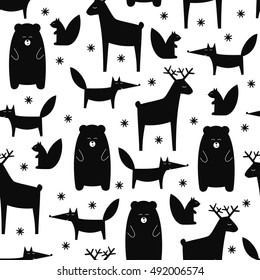 Black and white forest animals seamless pattern. Deer, fox, bear, squirrel and snowflakes cartoon baby background. Cute design for fabric, textile, decor. Vector illustration for winter holidays.