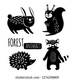 Black and white forest animals vector silhouettes. Illustration of hare and hedgehog, squirrel and raccoon