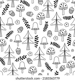 Black and white forest doodle seamless background. Funny kids pattern. Vector illustration can be used for wallpaper fills web page background or fabric