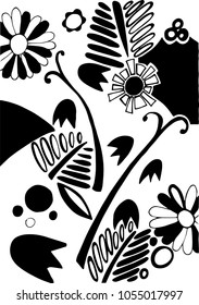 Black And White Forest Flowers. Linocut Technique, Graphics.