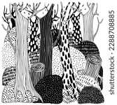 Black and white forest landscape.  Trees. Eco theme. Pattern for coloring book. Hand-drawn, ethnic, retro, doodle, vector, zentangle vector.