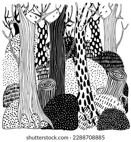 Black and white forest landscape.  Trees. Eco theme. Pattern for coloring book. Hand-drawn, ethnic, retro, doodle, vector, zentangle vector.