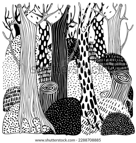 Black and white forest landscape.  Trees. Eco theme. Pattern for coloring book. Hand-drawn, ethnic, retro, doodle, vector, zentangle vector.